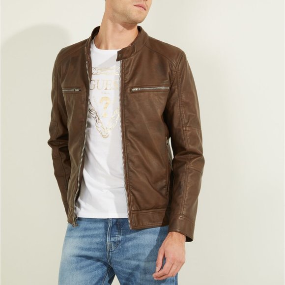 GUESS Men's Faux Leather Hooded Moto Jacket Size L - Picture 6 of 6